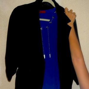 blue shirt with black jacket